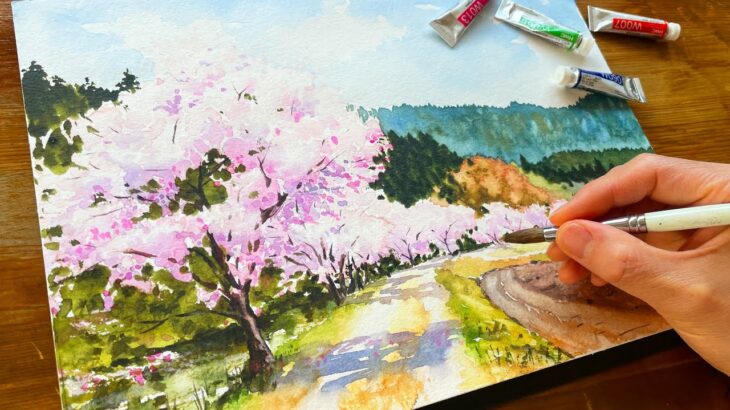 【誰でも簡単】桜の風景を水彩で描くプロセスとテクニックを全てお見せしますpt.2【使用色も解説】