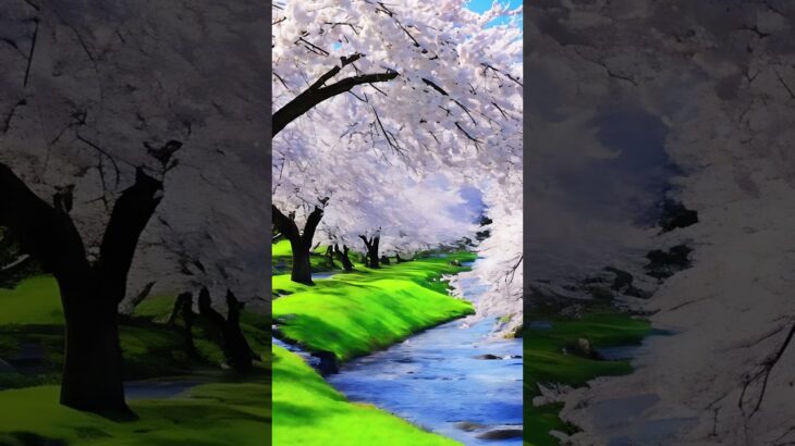 桜と小川の風景 人口知能生成 AI生成 cherry blossoms and Stream AI generation Short version