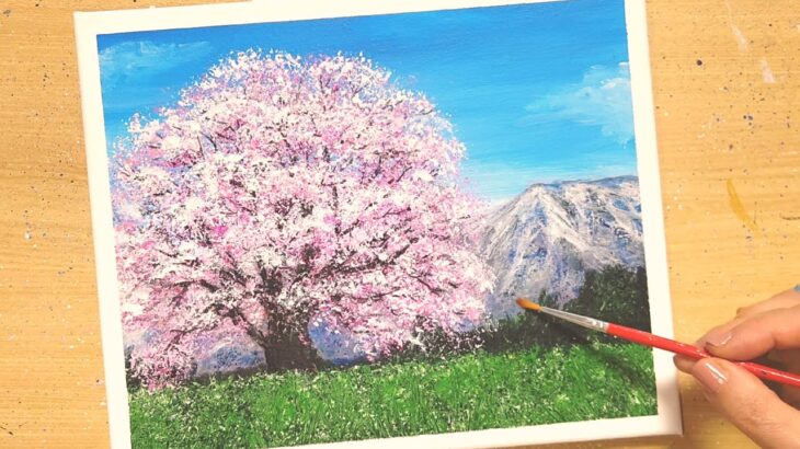 アクリル絵の具で【桜】の描き方/桜と残雪の山の風景/初心者のための簡単なアクリル画/Step by step