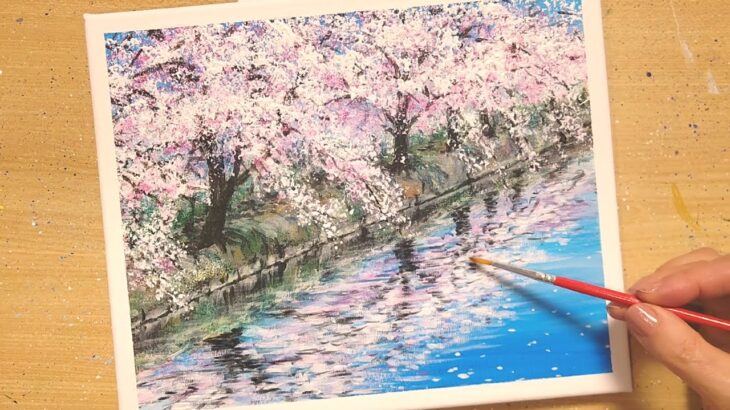 アクリル絵の具で【桜】を描く方法/水面に映る桜の風景/初心者のための簡単なアクリル画/Step by step