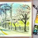 桜の街路樹 【透明水彩風景画】  Cherry blossoms　【Watercolor】