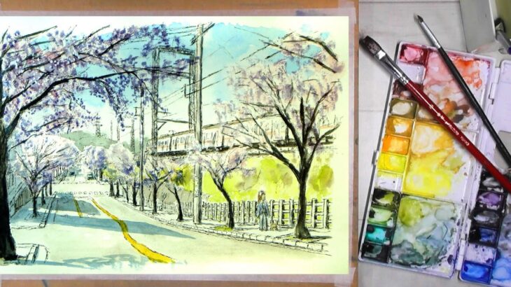 桜の街路樹 【透明水彩風景画】  Cherry blossoms　【Watercolor】