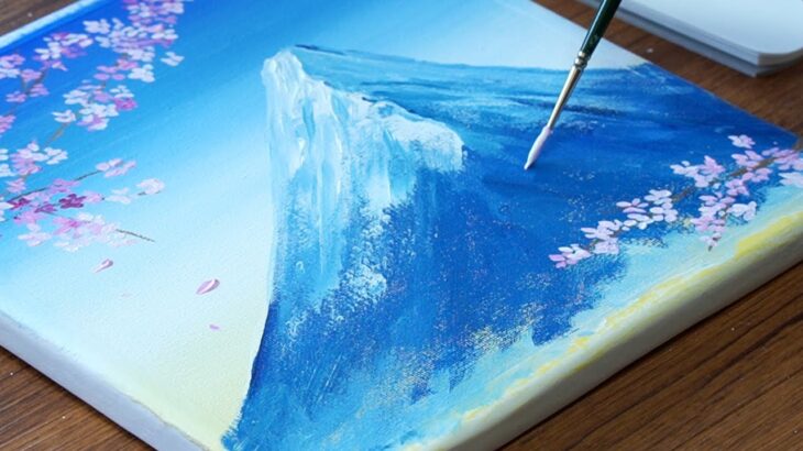 アクリル絵の具で富士山と桜🌸の風景を簡単に描く方法 | 初心者向けのアクリル画