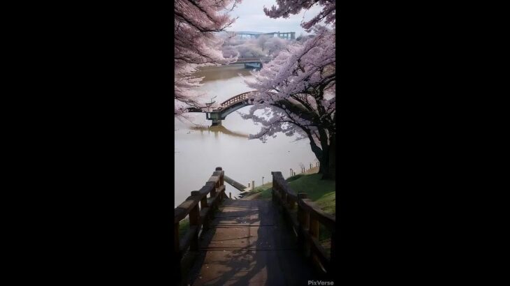 桜が咲いている風景。満開の桜の木々に囲まれた風情ある風光明媚な木橋。