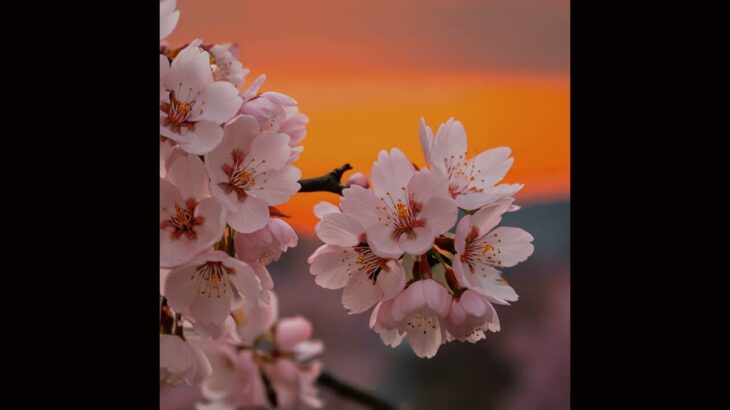 桜のピンクと夕日のオレンジが織りなす癒しの風景 | リラックスできる桜並木の夕暮れ